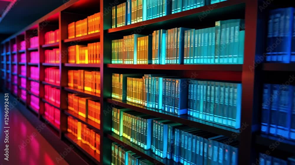 Vibrant library shelves filled with colorful books, creating a mesmerizing gradient effect Vibrant library shelves filled with colorful books, creating a mesmerizing gradient effect