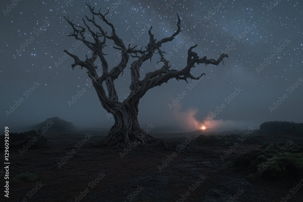 Lonely ancient tree stands under starry sky, shrouded in mysteri Lonely ancient tree stands under starry sky, shrouded in mysteri