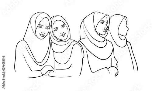 Young 4 muslim womans in burqa, continuous line art drawing. Vector illustration isolated on white background 