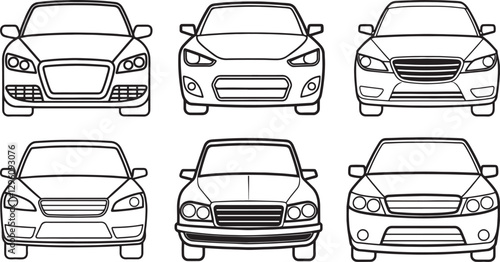 set of car front view line art, black outline, vector and illustration, line art and outline