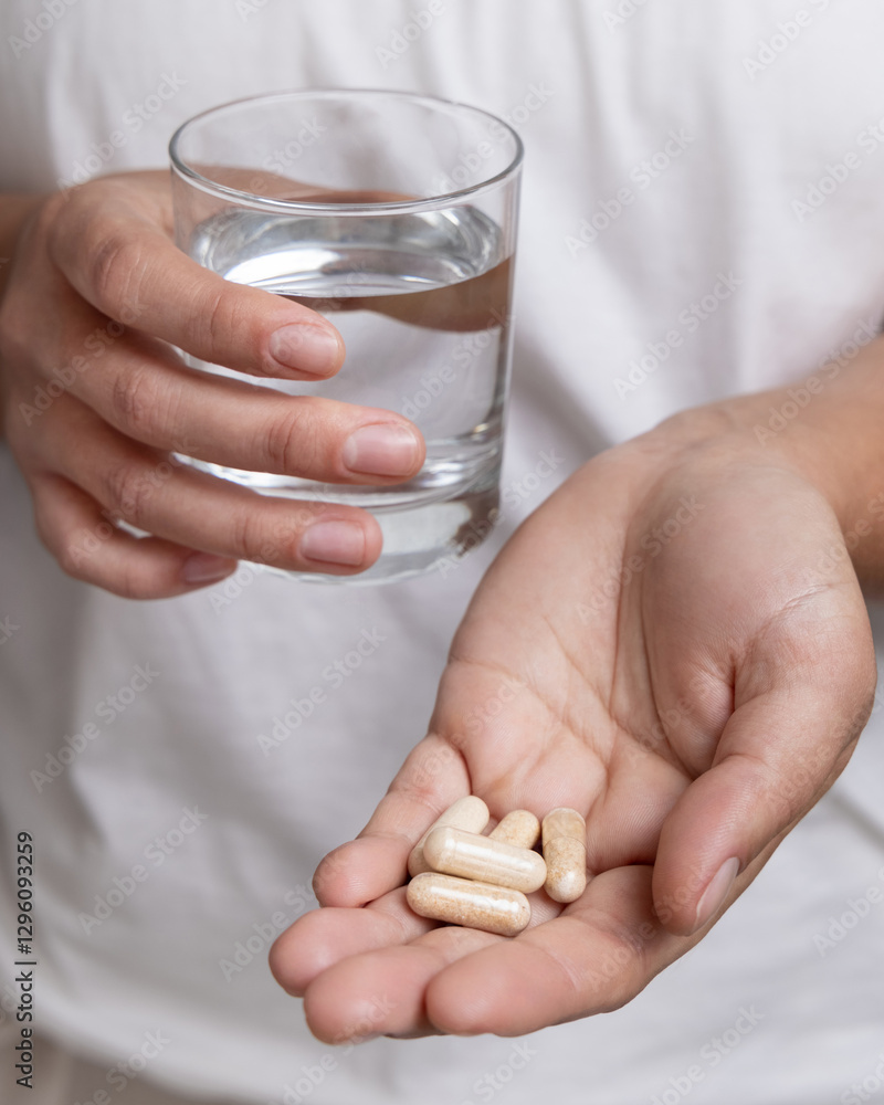 Woman in white t-shirt holding beige capsules in cupped hand and water glass in other closeup Woman in white t-shirt holding beige capsules in cupped hand and water glass in other closeup
