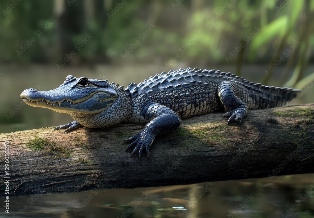 Lifelike Alligator Sunbathing on Log in Tropical Wetland Habitat Surrounded by Lush Greenery and Reflective Water Beneath Warm Sunlight Lifelike Alligator Sunbathing on Log in Tropical Wetland Habitat Surrounded by Lush Greenery and Reflective Water Beneath Warm Sunlight
