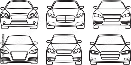set of car front view line art, black outline, vector and illustration, line art and outline