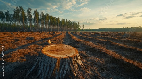 A deforested area with stumps and barren land, where trees once thrived, now turned into a wasteland  photo