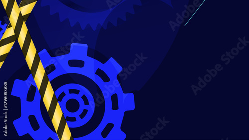 An eye-catching digital design featuring blue gears and yellow caution stripes, suitable for technology or engineering themes