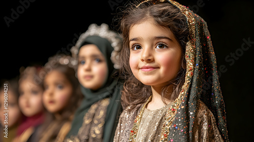 Young girls in elaborate costumes, school play