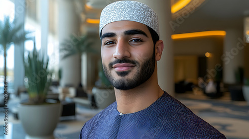 Young man in traditional attire, hotel lobby portrait