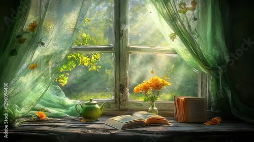 Sunlit Window with Sheer Curtains Flowers Books and Teapot