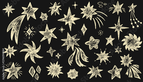 Crayon drawn stars, meteorite and comets. Doodle color magic blinking stars, charcoal cosmic. Set of doodle sparks and sparkles. Pencil or charcoal drawing. Vector crayon drawings of night sky vector 