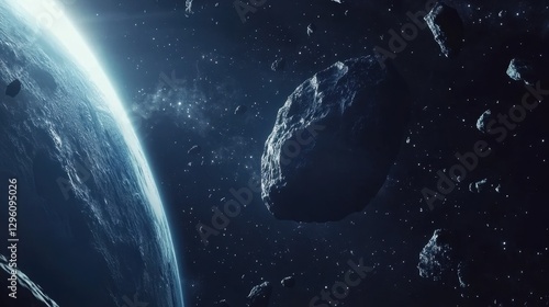 A massive asteroid hurtles toward Earth, surrounded by smaller asteroids and stars. The scene captures the beauty and danger of space, emphasizing the scale of celestial bodies