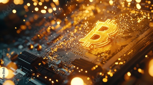 A detailed exploration of a Bitcoin mining processor reveals its complex circuitry glowing amid vibrant particles, highlighting the technological advancements in cryptocurrency mining