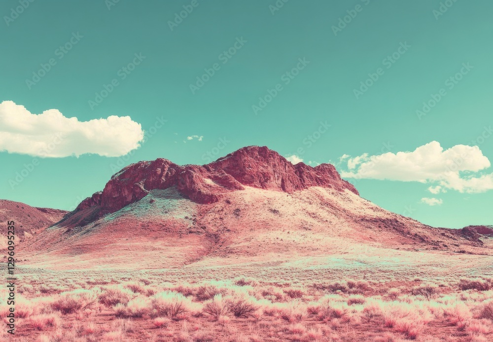 Obraz premium A mountain with a pinkish hue in the background. The sky is blue and the mountain is covered in rocks