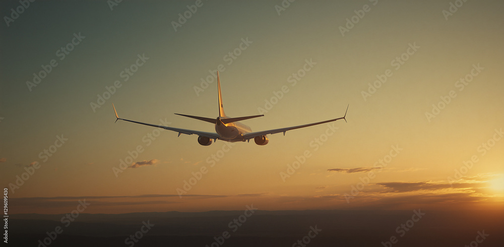 Soaring into the Horizon: An aircraft takes flight into the stunning orange-and-blue gradient of the sunset, the silhouette of a plane evokes the excitement of travel and adventure Soaring into the Horizon: An aircraft takes flight into the stunning orange-and-blue gradient of the sunset, the silhouette of a plane evokes the excitement of travel and adventure