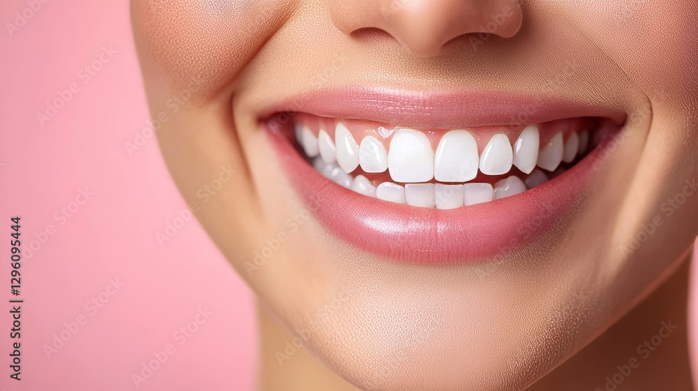 Fototapeta premium A woman with a luminous smile exhibiting her flawless teeth against a pale pink backdrop