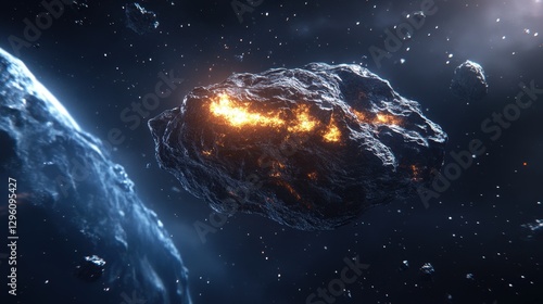 A fiery asteroid hurtles through space, engulfed in flames as it approaches Earth's gravitational pull. The vivid colors contrast sharply with the surrounding darkness of the cosmos
