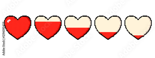Pixel game life bar. Pixel art heart for 8 bit game health bar, hearts icons for love level scale. Gaming controller, vector symbols set.