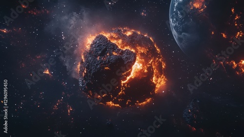 A blazing asteroid descends into Earth's gravitational pull, illuminating the dark void of space with fiery colors. Nearby, the planet looms large, showcasing an impending collision