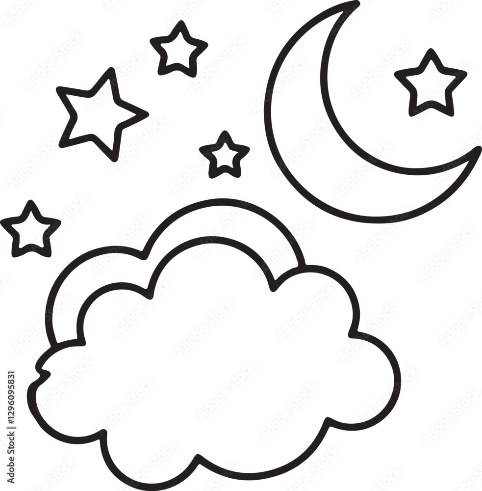clouds stars moon line art, black outline, vector and illustration, line art and outline clouds stars moon line art, black outline, vector and illustration, line art and outline