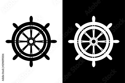 Black And White Ship’s Wheel Silhouette Vector Icon Crisp & Clean Illustration.