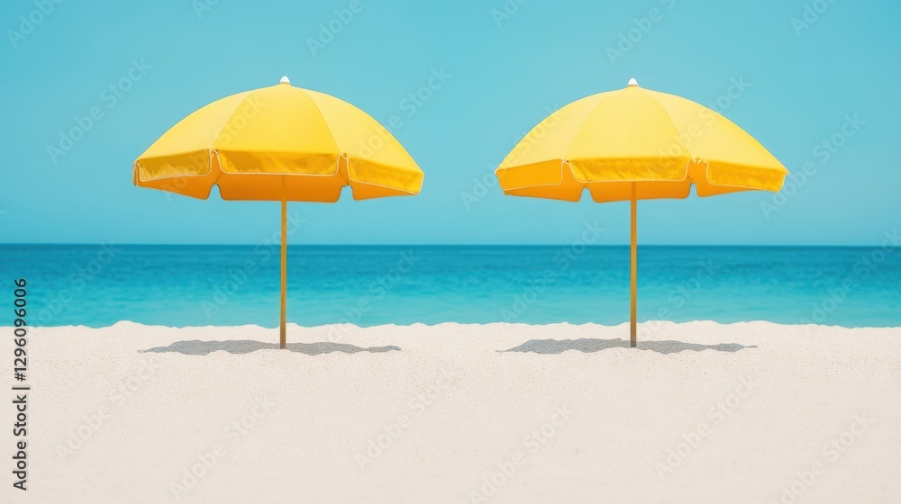 Vibrant yellow umbrellas dot the sandy beach, contrasting beautifully with the serene blue water, inviting relaxation and enjoyment under the sun. Vibrant yellow umbrellas dot the sandy beach, contrasting beautifully with the serene blue water, inviting relaxation and enjoyment under the sun.