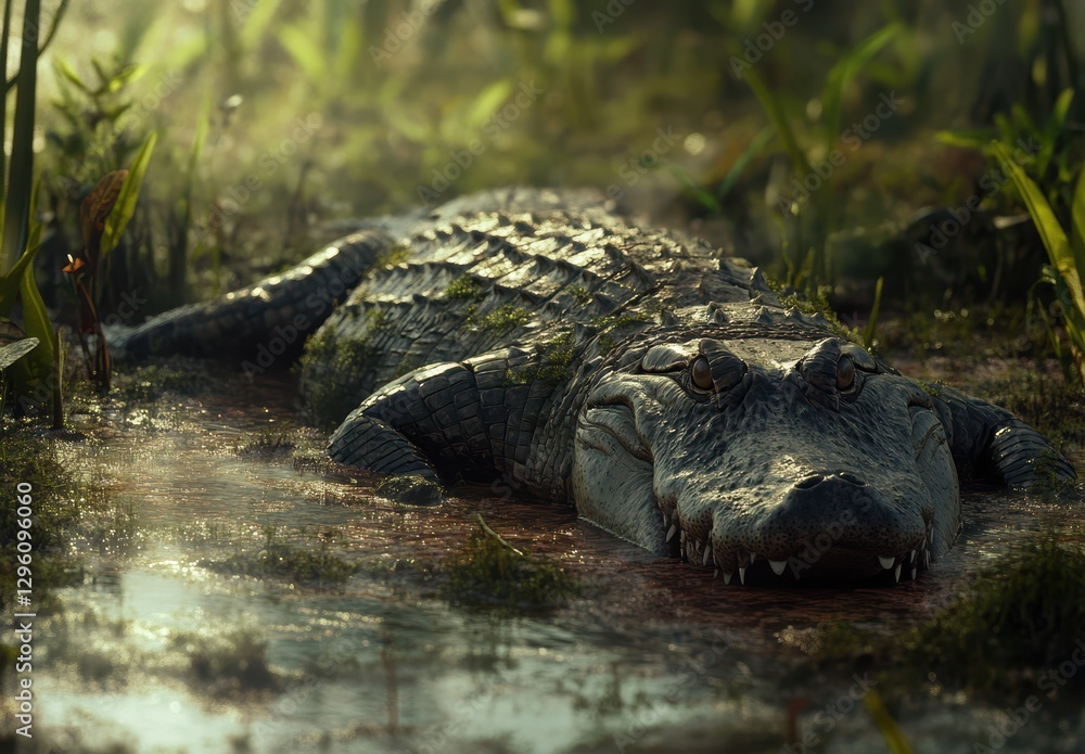 Fototapeta premium Lurking Alligator in a Serene Wetland Habitat Surrounded by Lush Vegetation and Mist at Dawn with Calm Water Reflections and Natural Light Patterns
