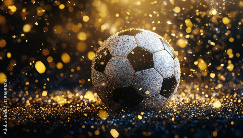 Fototapeta premium A soccer ball is sitting on a field of glitter. The ball is surrounded by a lot of sparkles, giving it a shiny and festive appearance