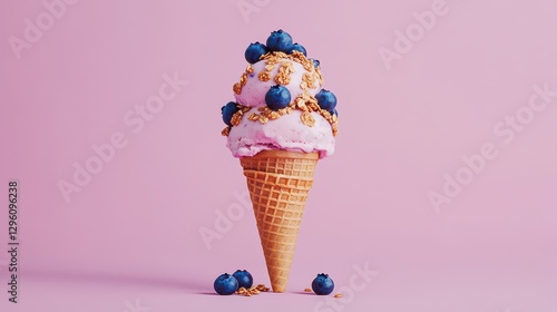 Ice cream cone with a scoop of blueberry yogurt ice cream, topped with granola and fresh blueberries.