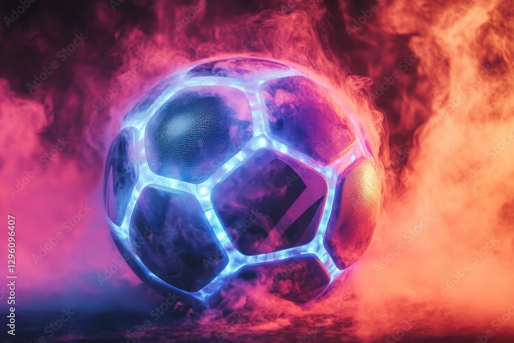 Naklejka premium A glowing soccer ball is surrounded by smoke. The ball is lit up and he is floating in the air. The smoke creates a mysterious and ethereal atmosphere, making the scene feel otherworldly and surreal