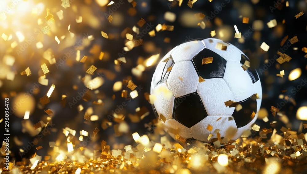 Fototapeta premium A soccer ball is surrounded by gold confetti. The confetti is falling around the ball, creating a festive and celebratory atmosphere