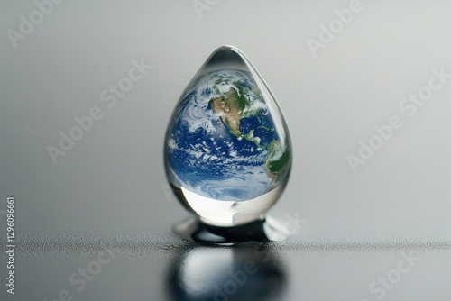 A teardrop-shaped glass orb contains a miniature Earth, symbolizing the planet's fragility and the preciousness of its resources. photo