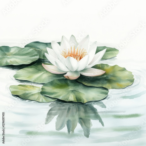 Watercolor lotus blossom with lily pads showing peacefulness