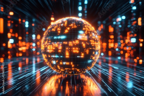 Illustration of a neural network showcasing artificial intelligence technology, with a focus on big data cybersecurity and data streams, depicted as a glowing 3D sphere with digital connections in