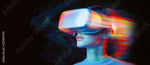Immersive Reality: Person wearing a VR headset with abstract light streaks, symbolizing the future of technology and virtual experiences.