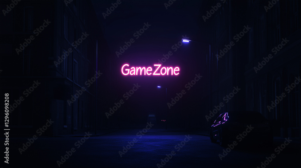 Obraz premium Neon Game Zone: A captivating street scene at night with a radiant neon sign advertising a 