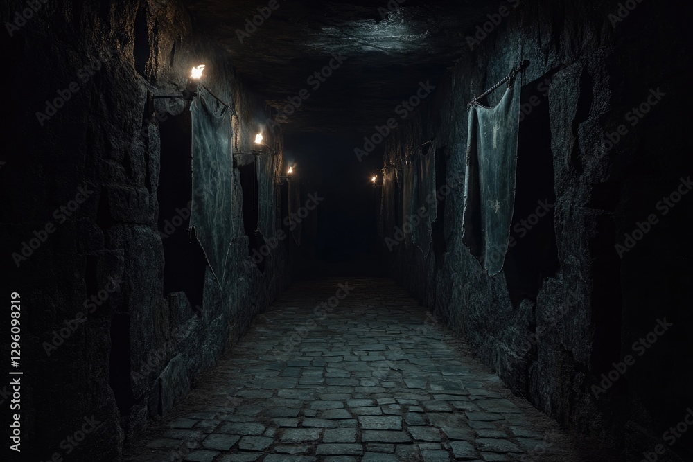 Dark corridor illuminated by flickering lanterns, creating eerie Dark corridor illuminated by flickering lanterns, creating eerie