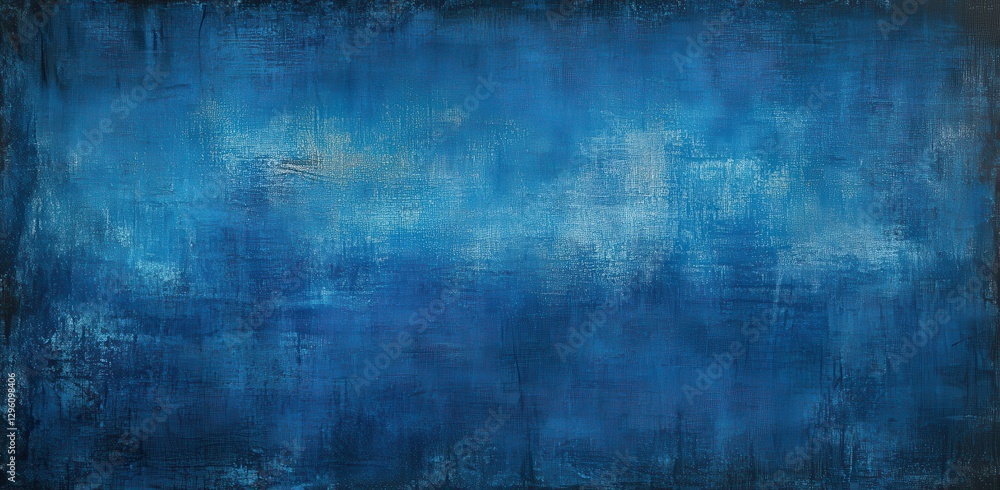 Fototapeta premium A blue and white abstract painting with a blue sky background. The painting is full of blue and white dots, giving it a textured and layered appearance