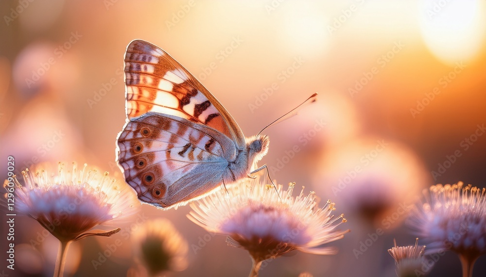 Obraz premium A macro shot of a delicate butterfly resting on a flower, with soft colors and gentle light casting a serene glow on its wings and the petals.