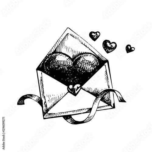 Valentine's Day hand drawn illustration, vintage sketch of envelope with heart on white background