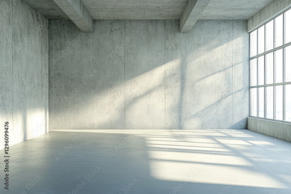 Fototapeta premium Sunlit empty industrial loft space with concrete walls and large window.