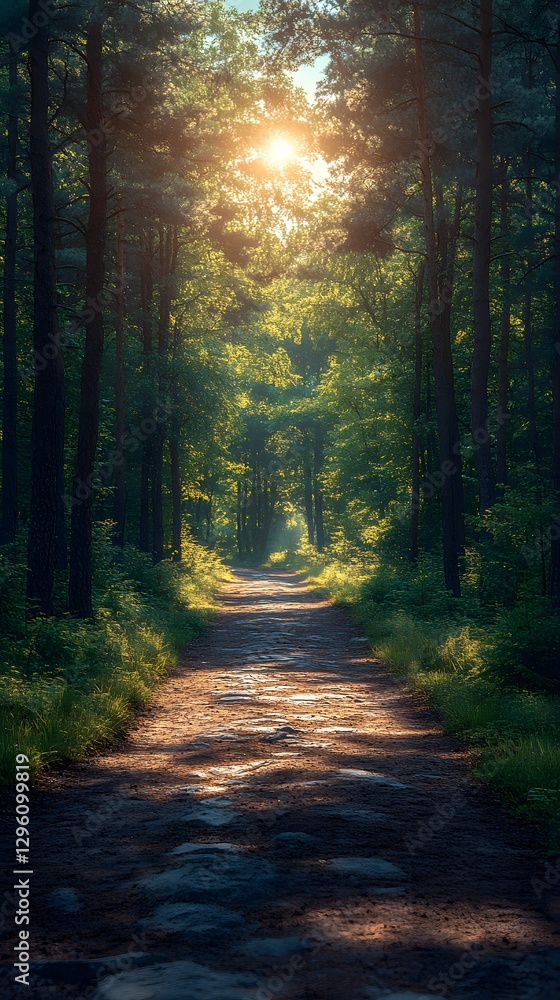 Fototapeta premium A sunlit path through a dense forest with tall trees