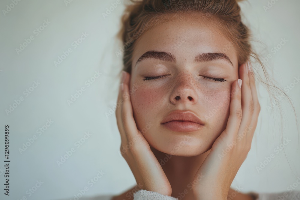 Young woman with natural beauty and freckles touching her face Young woman with natural beauty and freckles touching her face