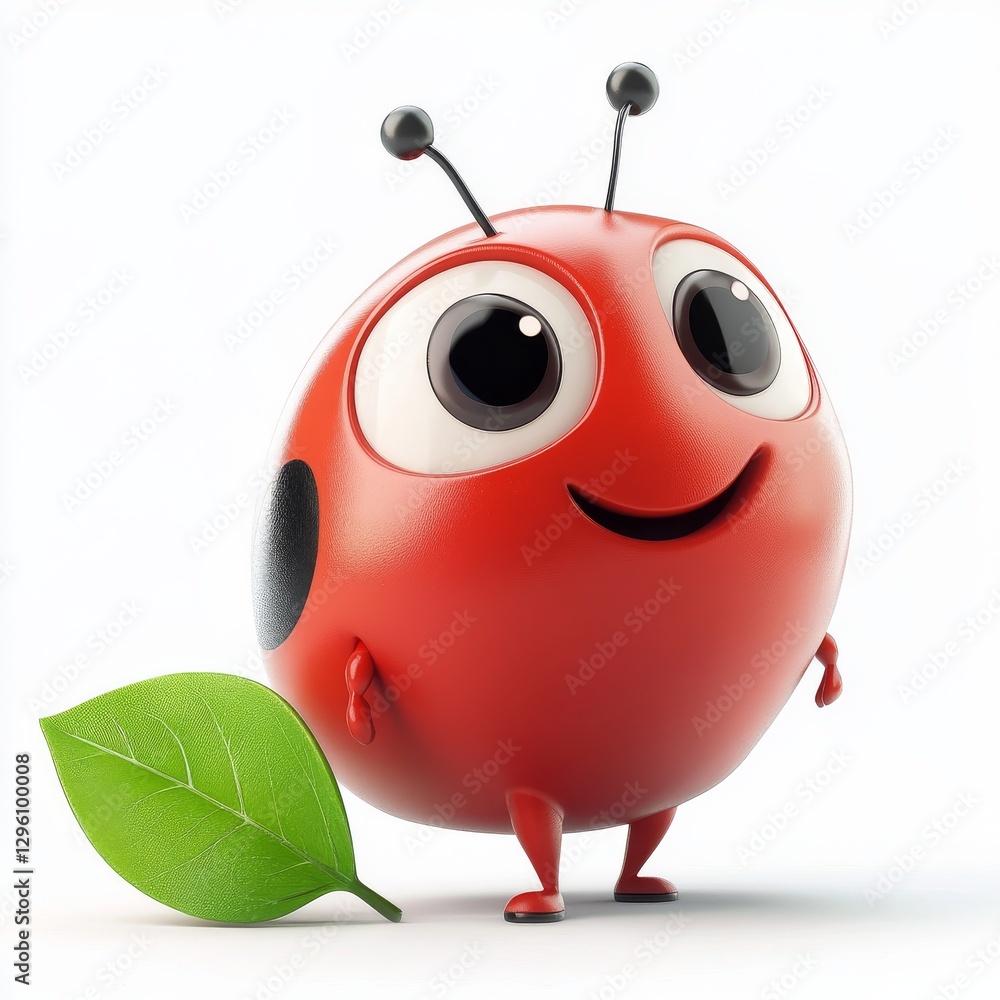 Naklejka premium A vibrant Spring 3D illustration featuring a joyful ladybug amidst green leaves, ideal for whimsical designs