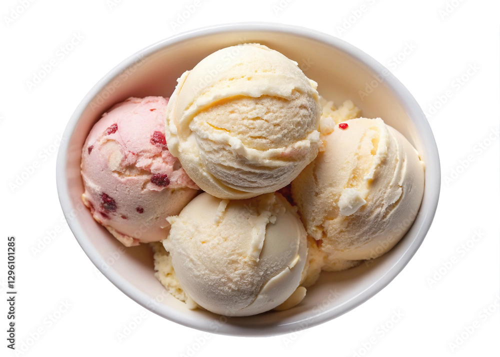 Strawberry Swirl Ice Cream in White Bowl-A bowl filled with three scoops of strawberry and vanilla swirl ice cream, showcasing creamy texture and vibrant colors.
Strawberry Swirl Ice Cream in White Bowl-A bowl filled with three scoops of strawberry and vanilla swirl ice cream, showcasing creamy texture and vibrant colors.