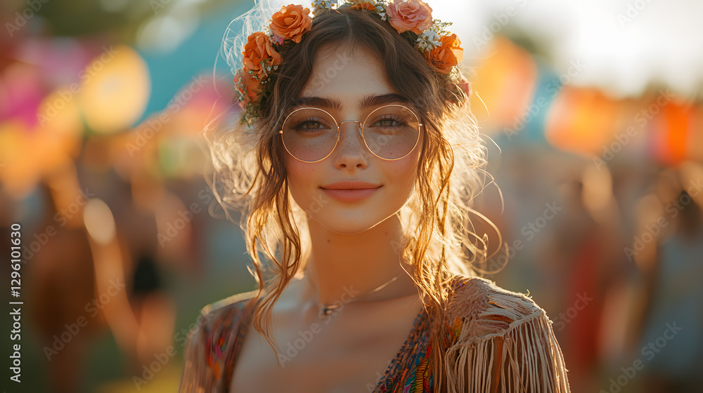 Photography of a 30-year-old model enjoying a summer festival, wearing a bohemian-inspired outfit with fringe details, a flower crown, and round sunglasses, surrounded by colorful flags and warm sunli