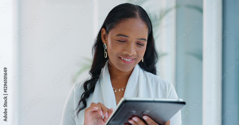 Business woman, tablet and reading in hallway at modern office with communication, vision and networking. Person, touchscreen and typing with thinking, application and problem solving in workplace Business woman, tablet and reading in hallway at modern office with communication, vision and networking. Person, touchscreen and typing with thinking, application and problem solving in workplace