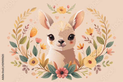 Adorable Baby Llama Surrounded by Vibrant Floral Wreath in Pastel Colors