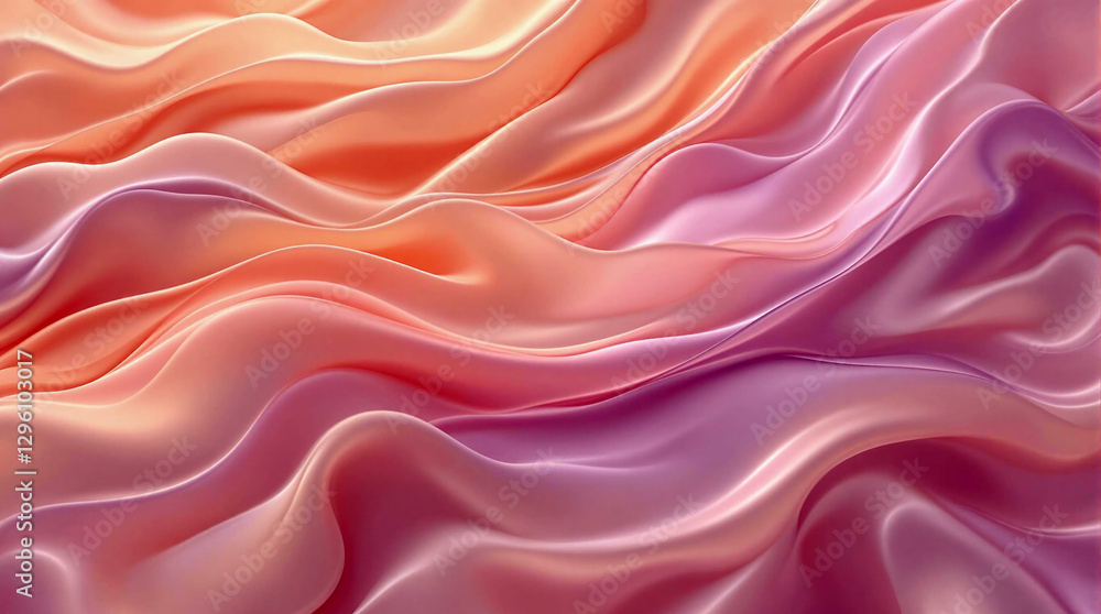Obraz premium A close up of a vibrant, fluid, and smooth fabric with a gradient of pink and orange hues. The texture of the fabric appears to be smooth and glossy, reflecting light and giving it a glossy sheen. The