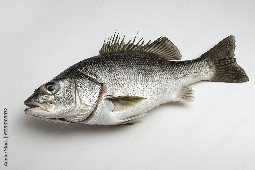 A pristine studio shot of a whole fresh sea bass, elegantly displayed to highlight its shimmering scales and delicate fins on a clean white background. A pristine studio shot of a whole fresh sea bass, elegantly displayed to highlight its shimmering scales and delicate fins on a clean white background.