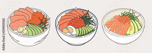 A set of colorful seafood donburi with fresh sashimi slices, ikura (salmon roe), and shredded nori on a bed of rice, on a white plate.
