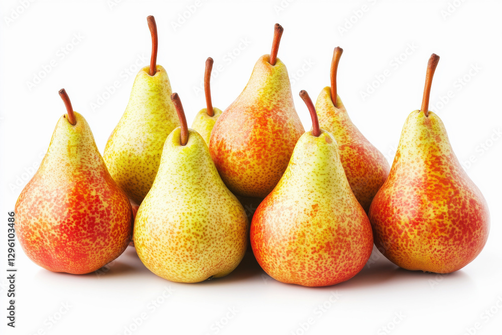 A vibrant arrangement of ripe pears, showing off their colorful skin with red and yellow tones, isolated against a clean white backdrop in a close-up studio shot. A vibrant arrangement of ripe pears, showing off their colorful skin with red and yellow tones, isolated against a clean white backdrop in a close-up studio shot.